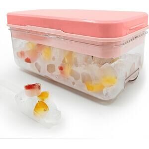 Silicone & Plastic Ice Cube Tray with Lid Durable BPA-Free Easy Release Pink s23